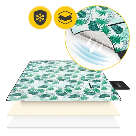 Szigeteléssel rendelkező piknik- és strandtakaró, 200 x 200 cm, levél mintás