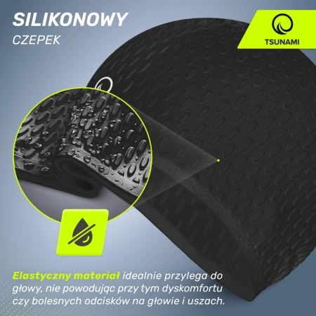 TSUNAMI női úszósapka, szöveges minta, fekete