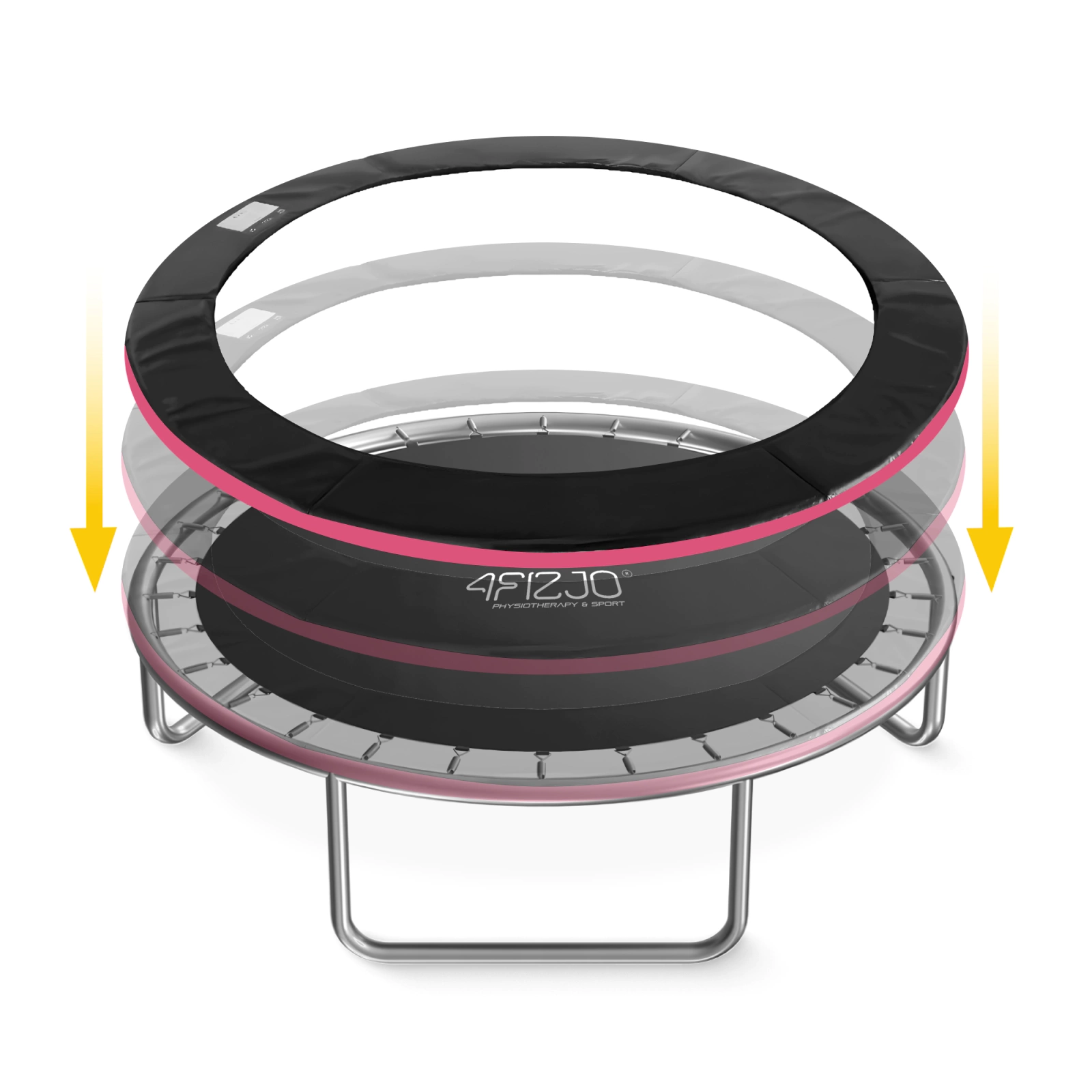 Dlaczego ochraniacz sprężyn trampoliny 4FIZJO? ✔️ Wysoka elastyczność - osłona jest rozciągliwa dzięki czemu dopasujesz ją do każdej trampoliny w rozmiarze 8ft - czyli takiej której średnica mieści się w przedziale 244 - 252 cm. Osłona sprężyn pasuje zarówno do trampolin z siatką zewnętrzną jak i z siatką wewnętrzną.  ✔️ Wzmocniony materiał - nasze osłony sprężyn do trampoliny wykonane są z wysokiej jakości wzmacnianego materiału, pokrytego grubą warstwą ochronną. Ochraniacz jest dzięki temu odporny zarówno na uszkodzenia mechaniczne jak i promienie UV. Zewnętrzna warstwa pokrowca jest gładka i śliska, dzięki czemu bez problemu utrzymasz trampolinę w czystości.  ✔️ Podwójna warstwa pianki - gruba warstwa pianki wewnątrz osłony trampoliny ma za zadanie maksymalnie ochronić Twoje dziecko przed urazami spowodowanymi uderzeniem o napięte sprężyny. Duża grubość osłony zapobiega również przetarciu jej przez znajdujące się pod spodem sprężyny, co często zdarza się w tanich trampolinach.  ✔️ Haczyki mocujące - umieszczone pod spodem haczyki mocujące zapobiegają przesuwaniu się osłony na trampolinie, dzięki czemu możesz mieć pewność że sprężyny trampoliny będą zawsze bezpiecznie osłonięte pokrowcem.