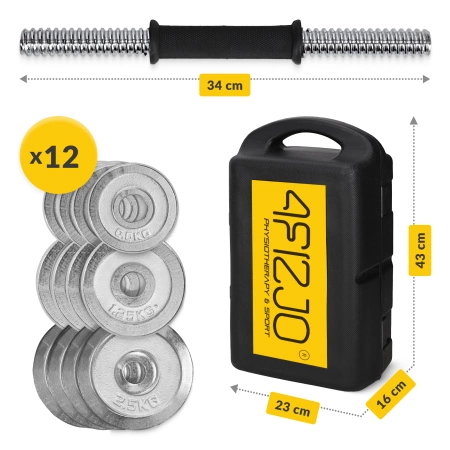 Bőröndöt tartalmazó acél súlyzókészlet, 20 kg