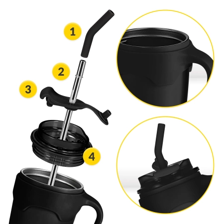 Szívószállal ellátott termobögre, 650 ml, fekete