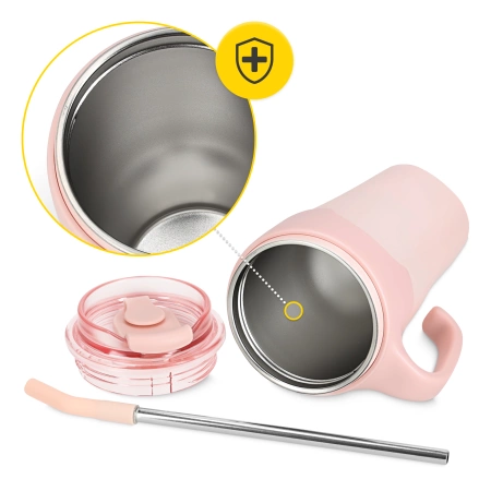 Szívószállal ellátott termobögre, 650 ml, rózsaszín