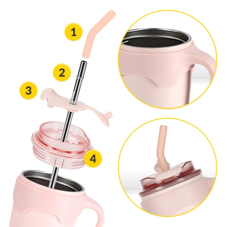 Szívószálas termosz bögre, 650 ml, rózsaszín