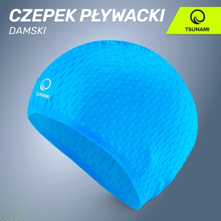 TSUNAMI női úszósapka, szöveges minta, kék