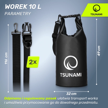 TSUNAMI vízálló zsák, 10 l, fekete