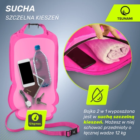 TSUNAMI vízálló tárolózsebbel ellátott 2 az 1-ben felfújható biztonsági úszóbója, rózsaszín
