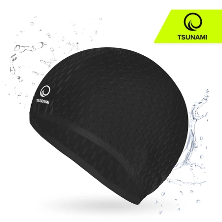TSUNAMI női úszósapka, szöveges minta, fekete