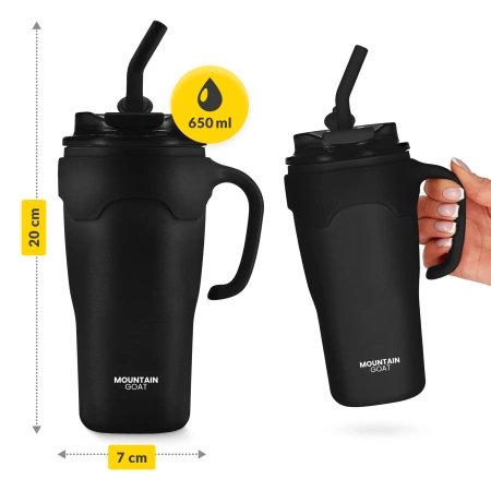 Szívószálas termosz bögre, 650 ml, fekete