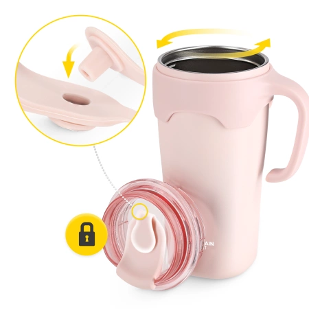 Szívószállal ellátott termobögre, 650 ml, rózsaszín