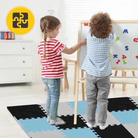 Gyerek oktató puzzle szőnyeg, 90 x 90 cm, kék