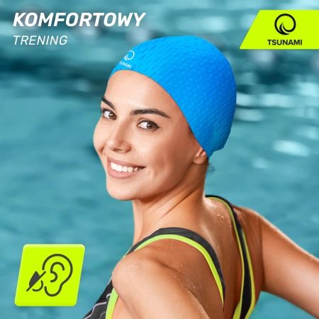 TSUNAMI női úszósapka, szöveges minta, kék