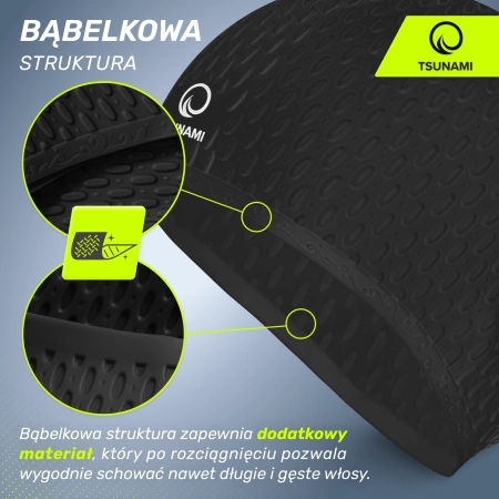 TSUNAMI női úszósapka, szöveges minta, fekete