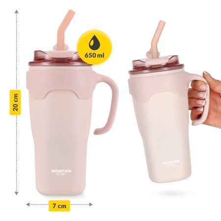 Szívószállal ellátott termobögre, 650 ml, rózsaszín