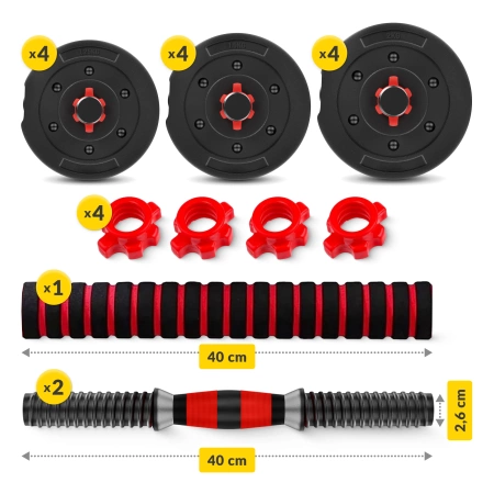 Rúddal ellátott, állítható bitumenes kézisúlyzó, 2 x 10 kg