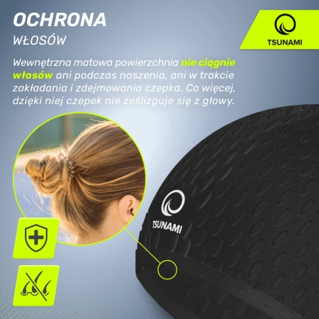 TSUNAMI női úszósapka, szöveges minta, fekete