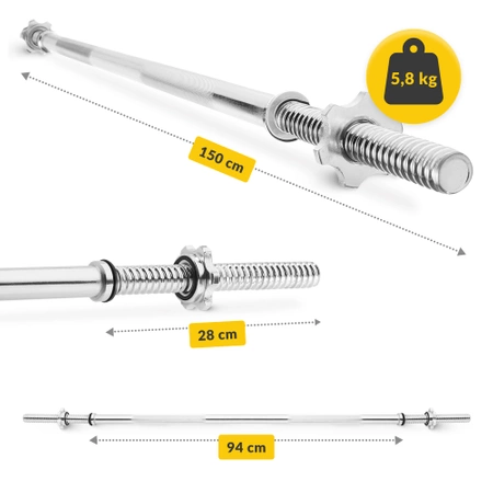Rögzítőgyűrűs egyenes súlyzórúd, 150 cm, 5,8 kg